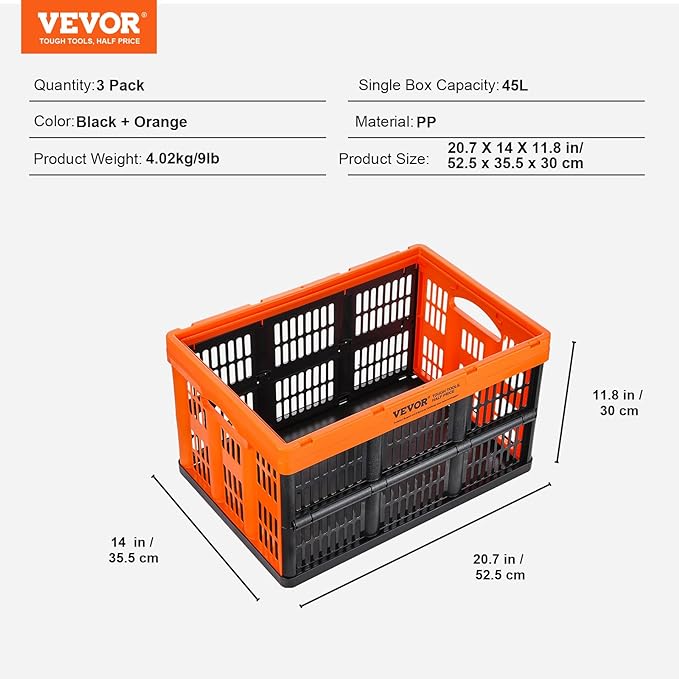 VEVOR 45L Collapsible Milk Crates 3 Packs, Stackable Storage Baskets with Handles, Folding Storage Containers for Organizing Tools, Books, Food, Drinks, Camping & Transport - Image 7
