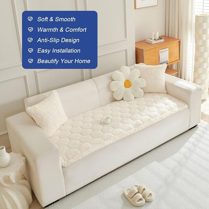 New Thick Sofa Covers Washable - Soft Flannel Universal Sofa Cover 2 3 4 Seater, Non-Slip Couch Cover, Couch Seat Covers Sofa Slipcovers Furniture Protector for Living Room (Beige White,90x180cm) - Image 5
