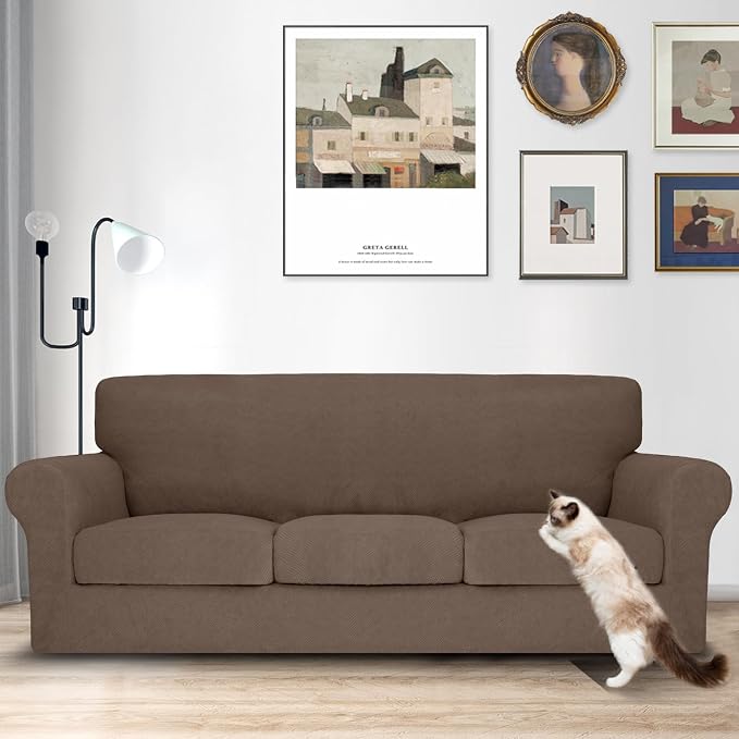 MAXIJIN 4 Piece Couch Covers for 3 Cushion Couch Sofa Covers, Stretch Couch Slipcovers for Sofas with 3 Cushions, Thick 3 Seat Furniture Protector for Pet Dogs (71"-91", Brown New) - Image 2