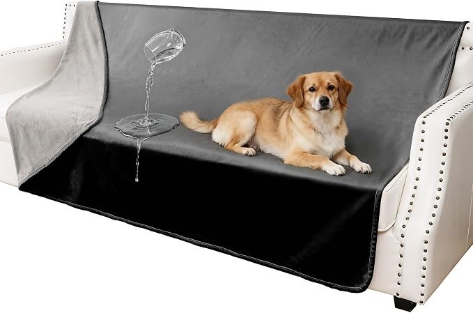 Waterproof Blanket - Reversible Dog Throw as Furniture Protector | Soft Velvet & Flannel, TPU Leak-Proof Liner, Machine Washable, Fits Couch and Bed, 52" x 82", Black/Lightgrey by TuffeelHome