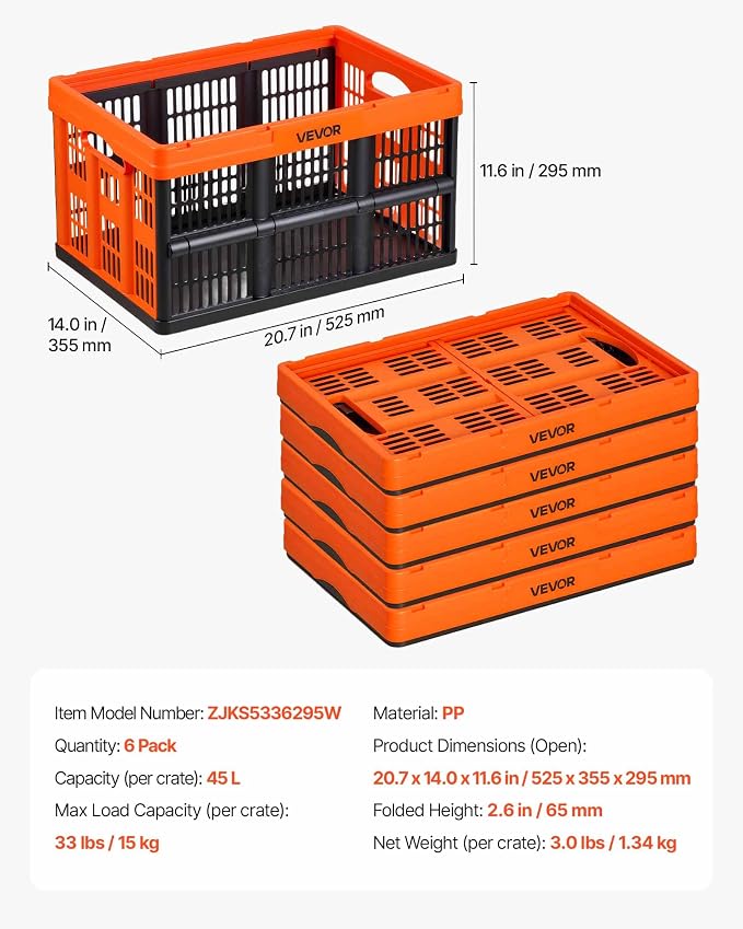 VEVOR Plastic Collapsible Storage Bins, 45L 6 Packs, Stackable Folding Storage Crates with Handles, Holds 33 lbs Per Bin, Foldable Heavy Duty Containers, Space-Saving Baskets, for Home Organizing - Image 7