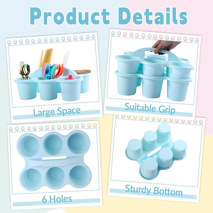 6 Pack Classroom Caddy with Handle Plastic Storage Caddy Organizer with 6 Compartments Drink Cup Caddies Holder Portable Storage Bin for Pencil, Crayon, Marker, Home Office School Supplies(Light Blue) - Image 3