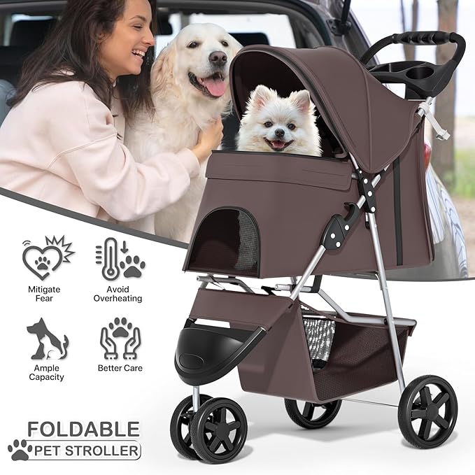 MoNiBloom Foldable Dog Strollers for Small Dogs with Weather Cover, 3 Wheels Pet Strolling Cart for Dogs and Cats with Storage Basket and Cup Holder, Breathable and Visible Mesh for All-Season, Coffee