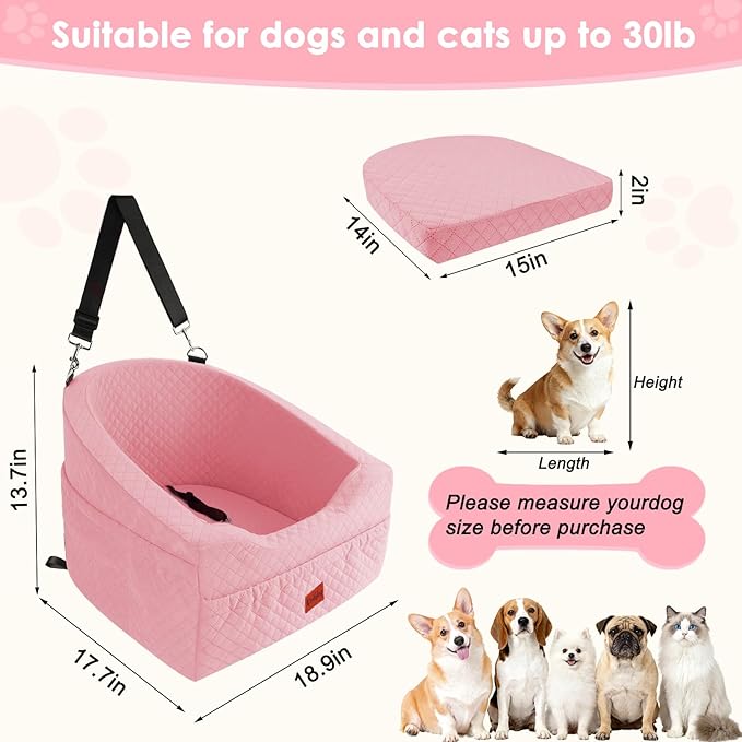 Vivifying Dog Car Seat for Small & Medium Dogs, Detachable & Washable Booster Seat for Pets Up to 30lbs, Travel Bed with Storage Pockets and Safety Belt – Pink