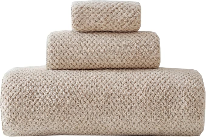 30x60 Inches Extra Large Bath Towels Set Super Soft Absorbent Luxury Microfiber Towels for Bathroom (Beige,3PCS) by Akzpe