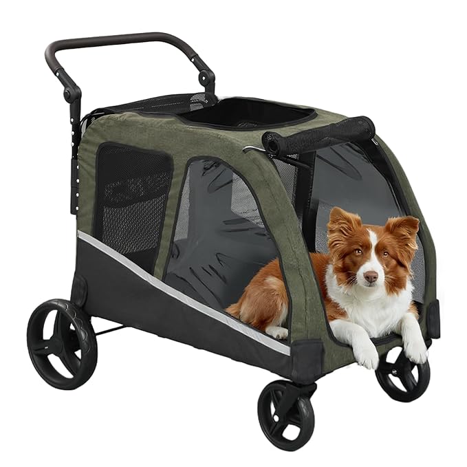 Dog Stroller for Large Dogs, Extra Large Pet Stroller for Medium Dogs, Dog Wagon Carriage, Foldable Design, Adjustable Handle, with Pocket, Up to 160 lbs, Green