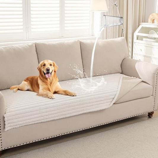 Deep Dream Waterproof Couch Cover for Dogs, Non Slip Pet Couch Covers for Sofa, Soft Faux Fur Sofa Cover, Washable Furniture Protector for 3 Cushion Couch (Off White, 35" x 74") by DeepDream