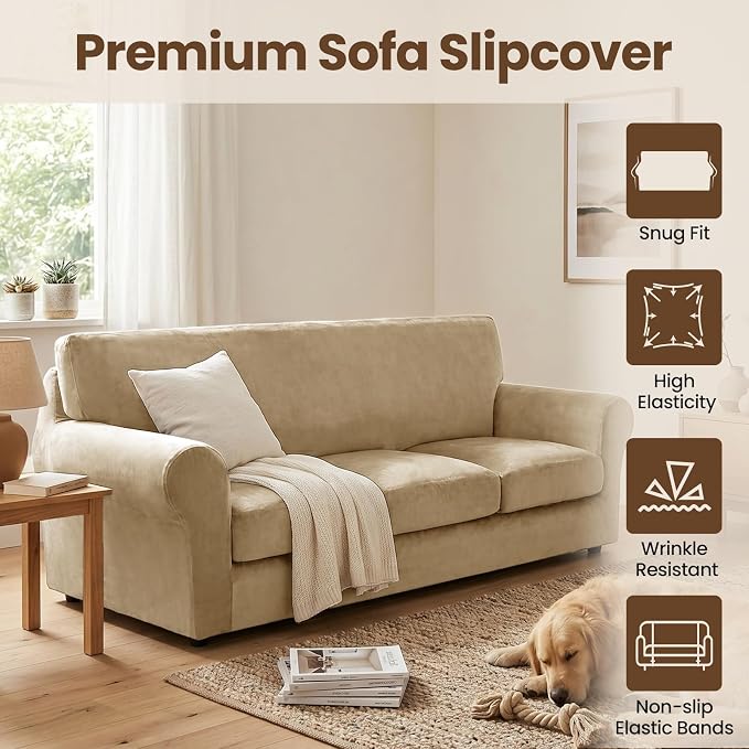 XINEAGE 3-Piece Velvet Loveseat Sofa Cover, Couch Covers for Dog,Camel | 2 Cushion Loveseat,Stretch Non-slip Elastic, Pet-friendly, Washable, Fast Setup, Soft Plush Fabric, Furniture Protector. - Image 2