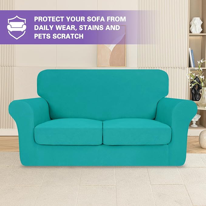 ZNSAYOTX 3 Piece Stretch Loveseat Covers (55"-69"), Thick Striped Sofa Covers for 2 Cushion Couch with Elastic Band Bottom Ties Non-Slip Stay in Place, Soft Durable Love Seat Slipcovers, Peacock Teal - Image 2