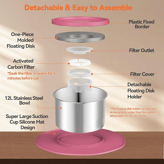 Decflow 12L No Spill Dog Water Bowl for Large Dogs, Stainless Steel Spill Proof Bowls with Suction Cup Anti-Skid Mat, Slow Feeder for Messy Drinkers, Heavy Duty Pet Bowls for Indoor/Outdoor Pink - Image 7