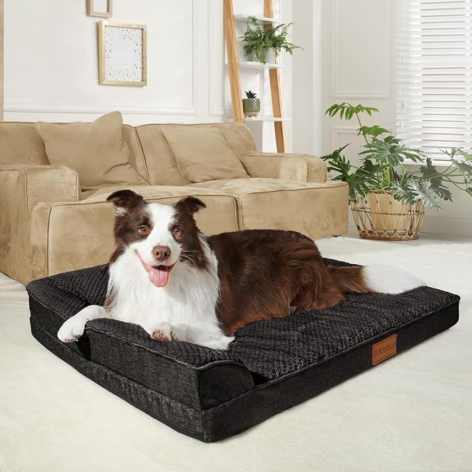 Orthopedic XL Dog Bed Large Sized Dog 42''X28'', Waterproof L Bolster Egg Crate Foam Big Pet Crate Beds with Washable Removable Cover, Non-Slip Soft Pet Couch Sleep Mat, Black - Image 2