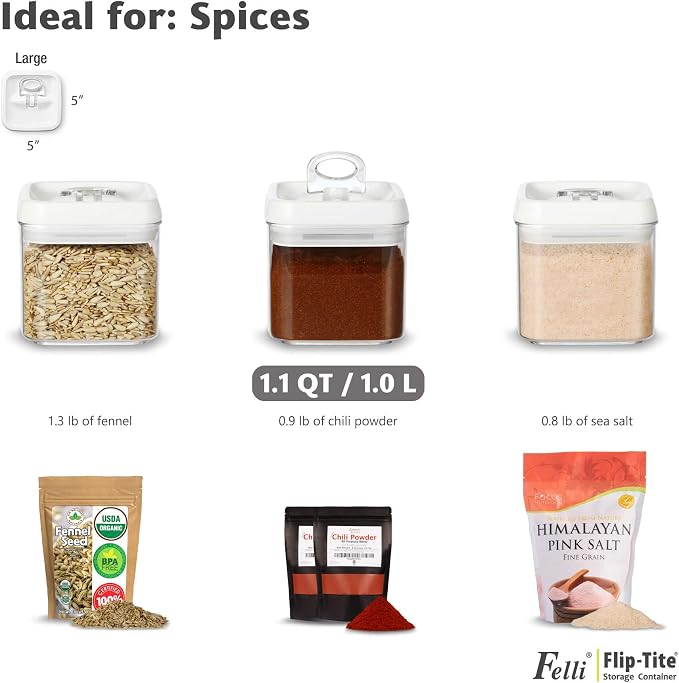 Felli Flip Tite Food Storage Container 5" LARGE Size Airtight Lid Lock Top, Stackable Kitchen Canister for Space Saving, Pantry Fridge Cupboard Organizer, Spice Seasoning Pet Treats Snack (1.1 qt) - Image 7