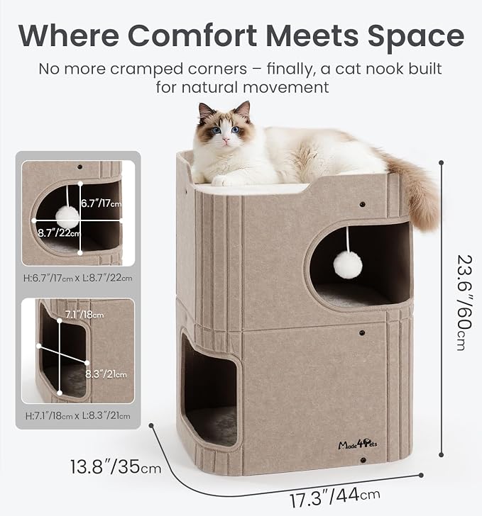 Made4Pets Cat House for Indoor Use, 2-Storey Cube Bed Cave, Covered Hideaway Condo with Scratch-Resistant Felt, Foldable Easy-to-Clean Design for Multi-Cat Homes, Beige - Image 8