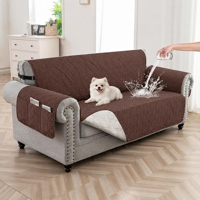 100% Waterproof Couch Cover,Straps&Pockets,pet Friendly,46" Coffee | Washable sofa cover, pet-friendly, scratch-resistant furniture protector, quilted sofa cover, reversible, non-slip backing. by Unknown