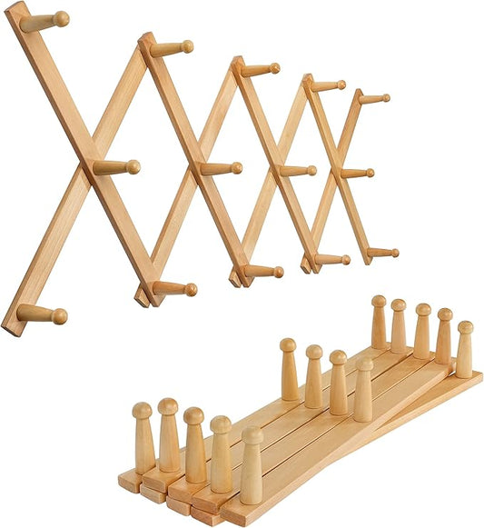 SKOLOO Hat Rack for Wall with 14 Hooks, Pack of 2, Solid Wooden, Modern, Expandable Coat Rack Wall Mount for Coats, Hats, Bags, Baseball Caps, Natural Color by SKOLOO