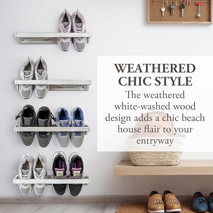 MyGift Set of 4 Shabby White Washed Solid Wood Hanging Shoe Storage Organizer Racks, Wall Mounted Space Saving Footwear Holder for Closet, Mudroom, Entryway, Holds 8 Pairs - Image 2