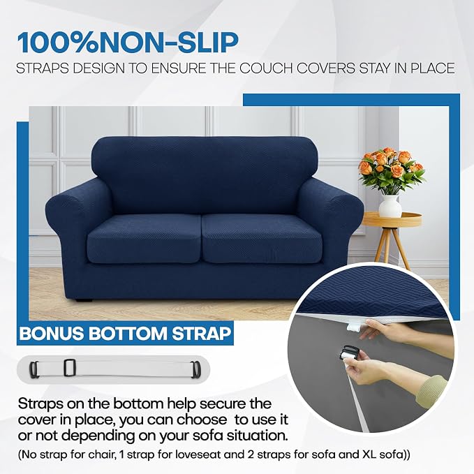 XINEAGE 2026 New 4 Pieces Couch Covers for 3 Cushion Couch Super Stretch Thick Soft Sofa Cover Anti Slip Sofa Slipcover Dogs Cats Furniture Protector (Navy Blue, 71"-91") - Image 7
