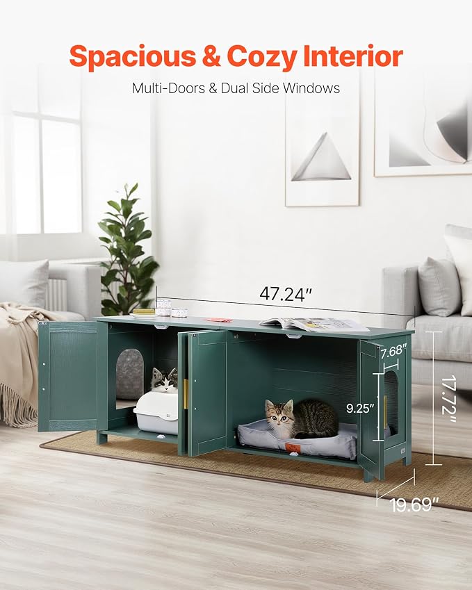 VEVOR Cat Litter Box Enclosure for Multi Cats, 47.2 in Hidden Litter Box Cabinet with 4 Rattan Doors & 2 Entries, Indoor Cat Washroom, Wooden Kitty House Furniture, Fit Most Litterboxes, Green - Image 2