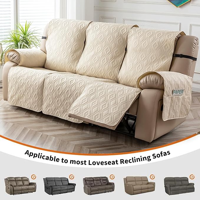 Genina Waterproof Recliner Cover - 3 Seater Non-Slip, Washable Sofa Covers for Recliner Couch, Furniture Protector for Dogs & Kids (Beige, Recliner) - Image 4