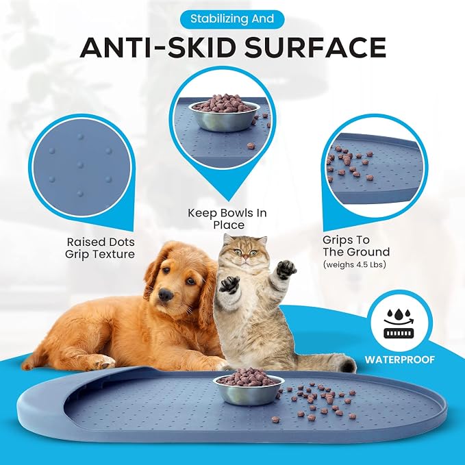 Dog Food Mat - 32” x 19” Pet Feeding Mat with Residue Collection Pocket - Large Silicone Dog Mat for Food and Water - Waterproof Dog and Cat Bowl Mat, High Edges to Prevent Spills, Navy Blue - Image 5