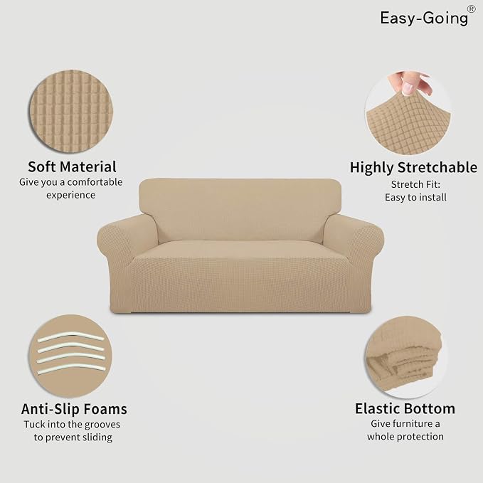 Easy-Going Stretch Oversized Loveseat Couch Covers Washable Sand | 1-Piece Large Loveseat Cover for 2 Cushion Couch Furniture Protector RV Sofa Slipcover Soft with Bottom for Kids Pets - Image 3