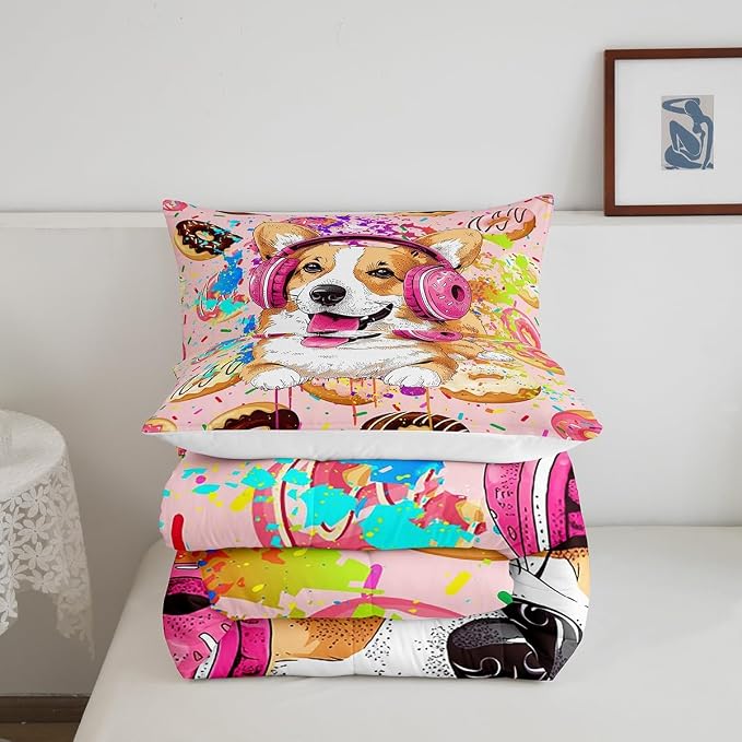 Watercolor Donuts Comforter Set Full Size 3pcs, Graffiti Cartoon Dog Cute Animal Print Bedding Set for Kids Girls Boys, Dessert and Animal Theme Polyester Quilt Duvet for Dorm Bedroom, Pink - Image 6