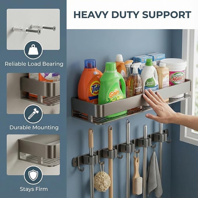 Broom Holder Wall Mount 24 Inch, Heavy-Duty Hooks & Sturdy Anti-Fall Large Capacity Shelf, Holds Brooms, Mops, Vacuums & Cleaning Supplies for Laundry Room, Garage and Closet - Image 6