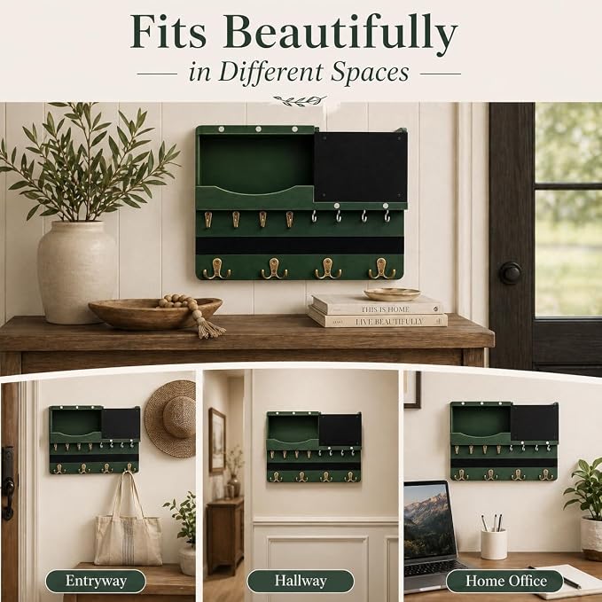 Key Holder for Wall Mount with Shelf and Mail Organizer, Key and Mail Holder with 16 Hooks, Farmhouse Entryway Organizer, Home Decor Rack (Pine Wood,Green) - Image 7
