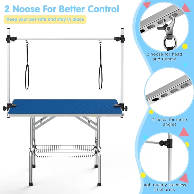 Lyromix 46'' Foldable Dog Grooming Table with Arms/Nooses/Mesh Tray, Blue | Stainless Steel Grooming Table for Dogs at Home, Adjustable Pet Bathing Station, Non-Slip Waterproof Tabletop, Capacity 330Lb - Image 2