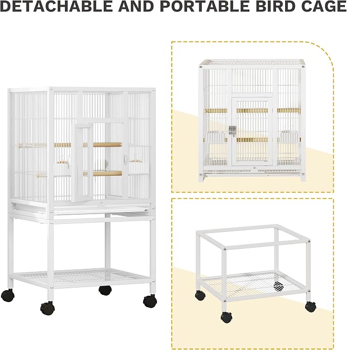 DWVO 41-inch Metal Bird Cage: Large Parrot Cages with Rolling Stand​ - Features Tray, Food Boxes & Wooden Perches for Parakeets, Lovebirds, Cockatiels, Finches and Pigeons, White - Image 5