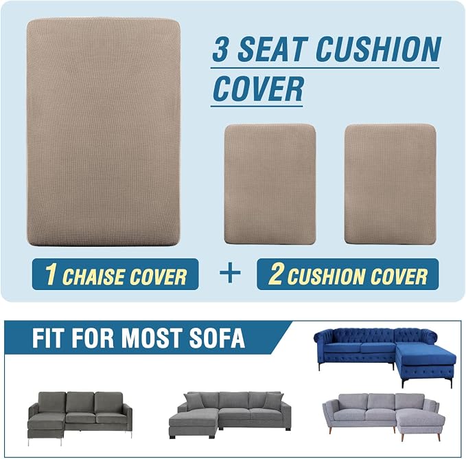H.VERSAILTEX Sectional Couch Covers 3 Pieces Sofa Seat Cushion Covers L Shape Separate Cushion Couch Chaise Cover for Both Left/Right Sectional Couch (Seat Only: 1 Chaise + 2 Sofa, Sand) - Image 8
