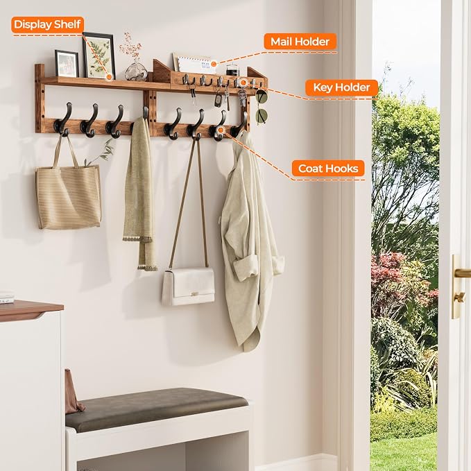 Evermagin 35" Coat Rack Wall Mount with Shelf & 13 Hooks, Entryway, Brown | 4-in-1: coat hooks, key hanger, mail holder & display shelf. Pine wood. For bedroom, hallway, mudroom, livingroom - Image 5