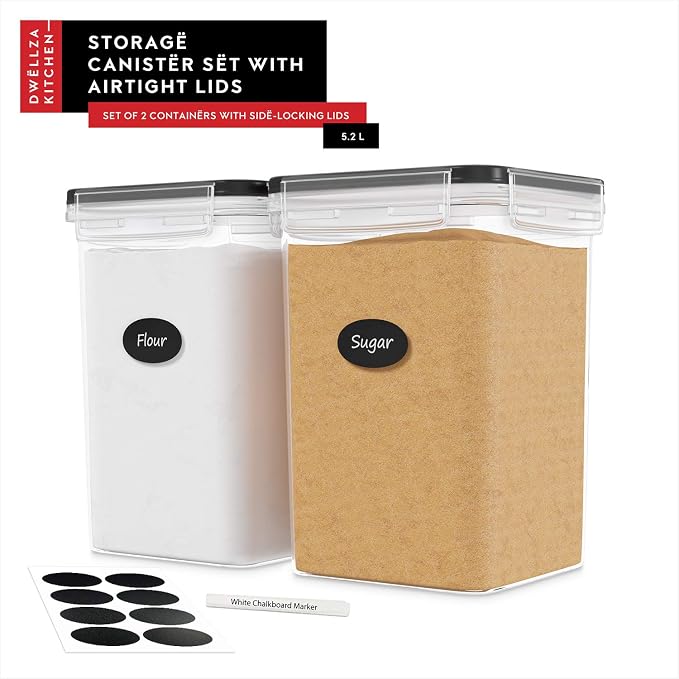 DWËLLZA KITCHEN Large Flour Sugar Storage Containers Set of 2; 175 FL. oz - 5.2L Plastic Airtight Food Storage Containers with Lids for Kitchen Pantry Organization - Food Containers, Labels & Marker - Image 7