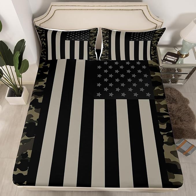 American Flag Bed Sheet Set Camouflage Military Bedding Queen,Army Green Camo United States Flag Bed Sheets For Kids Boys Teens Men,Vintage Black Grey Patriotic Fitted Sheet & Flat Sheet 3 Pcs - Image 3