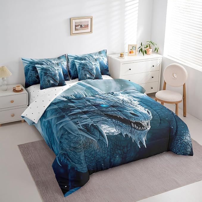 Erosebridal 7-Pack Dynacraft Ice Dragon 3D Blue Bedding Sets - Boys' Full Size Comforter with Sheets & Quilt - Ice Dragon Mysterious Wildlife Theme - Image 2