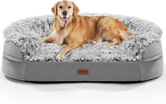 iweepet Fluffy Calming Orthopedic Dog Beds for Large & Extra Large Dogs, Supportive Dog Sofa Bed with 3.7 inch 28D Egg-Crate Foam, Removable Washable Plush Cover, Waterproof Lining,44’’,Grey by iweepet