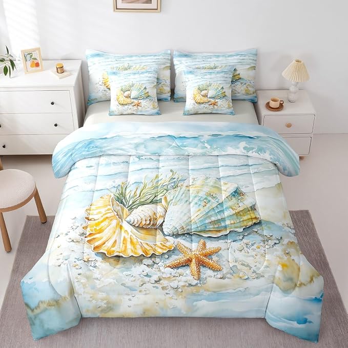 Erosebridal Kids Coastal Bed in A Bag Twin, Summer Beach Nautical Comforter Set with Sheets for Boys Girls Teens Adults, Shell Seaweed Starfish 7 Pieces Bedding Set, Sea Waves Marine Life Bed Sets - Image 3