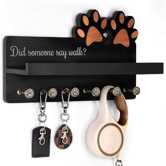 MTERSN Decorative Dog Leash Holder for Wall - Dog Accessories Organizer with Floating Shelf & 6 Hooks for Home Decor - The Cute Key Holder Wall Mount for Dogs Lover Gifts (Black) by MTERSN