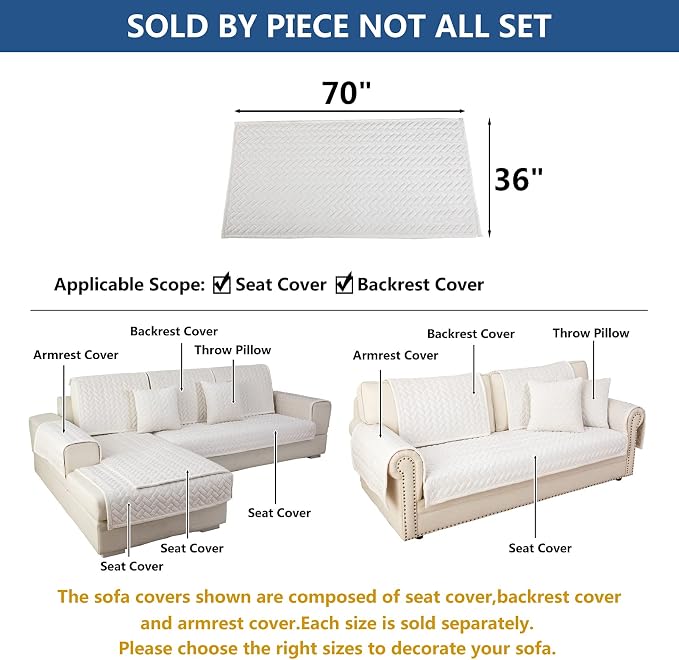 Eismodra Couch Cover,Sectional Couch Covers,Sofa Covers for 3 Cushion Couch,Anti-Slip Sofa Slipcovers for Dogs Cats Kids Loveseat Recliner L Shaped Armrest Backrest,White 36''x70''(Only 1 Piece) - Image 5