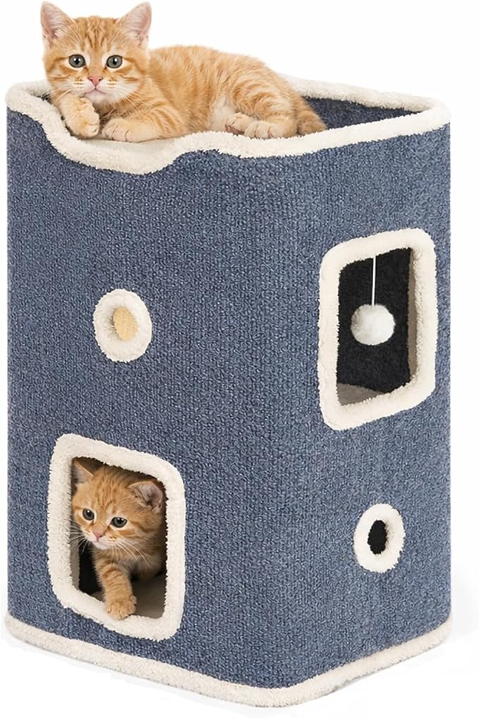 Cat House, Cat Beds for Indoor Cats, 2-Story Cat Condo Cube | Cat Bed Cave with Scratch Pad and Fluffy Ball Hanging, Multi-Level Cozy Hideout Center Ideal for Small/Medium Cats by Hannadepot