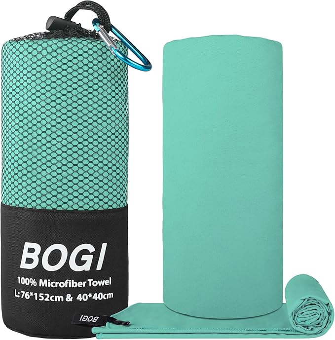 BOGI Microfiber Travel Sports Towel-Quick Dry Travel Soft Lightweight Absorbent Compact Sports Towel for Camping Gym Beach Bath Yoga Swimming Backpacking (L:60''x30''+16''x16''-Mint) - Image 2