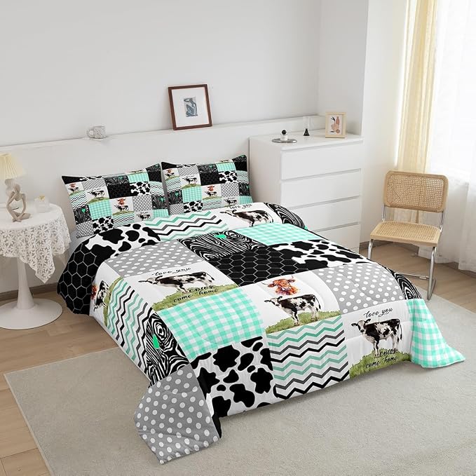 Erosebridal Cute Cow Print Comforter Set Full Size Kawaii Highland Cow Bedding Set Bedroom Decor Honeycomb Plaid Pattern Geometric Stripes Down Comforter Farm Animals Duvet Set, Green Black Grey - Image 3