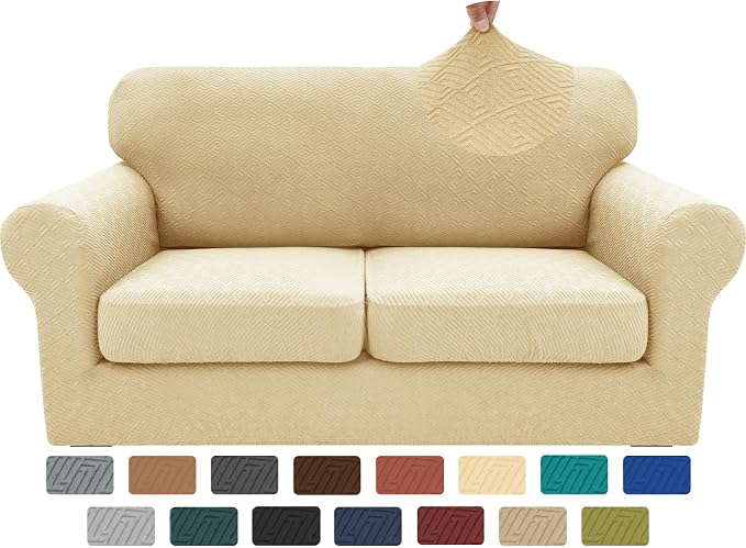 XINEAGE 2026 New 3 Pieces Couch Covers for 2 Cushion Sofa Super Stretch Loveseat Slipcover Pet Dog Universal Slip Cover Anti Slip Love Seat Furniture Protector (Beige, 55"-69") by XINEAGE