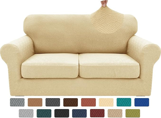 XINEAGE 2026 New 3 Pieces Couch Covers for 2 Cushion Sofa Super Stretch Loveseat Slipcover Pet Dog Universal Slip Cover Anti Slip Love Seat Furniture Protector (Beige, 55"-69") by XINEAGE