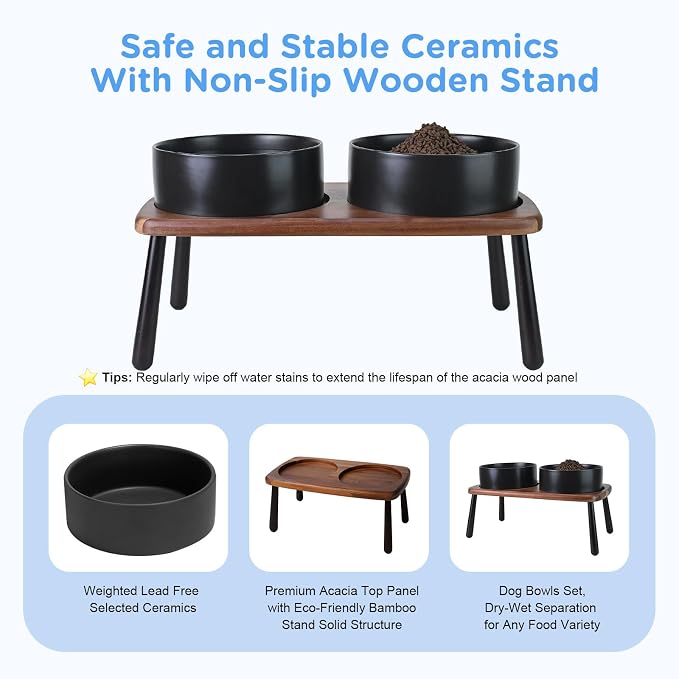 SPUNKYJUNKY Ceramic Elevated Dog Bowls Raised with Acacia Bamboo Wooden Stand, 8.3'' Dog Food Water Bowls Set Non-Slip for Medium Large Sized Breed Microwave Dishwasher Safe - 60 OZ,Black - Image 5