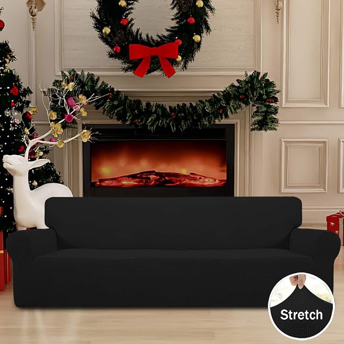 Easy-Going Stretch 4 Seater Oversized Sofa Couch Cover Black | 1-Piece Extra X-large Sofa Cover Furniture Protector Couch Soft with Bottom for Kids, Spandex Jacquard - Image 2
