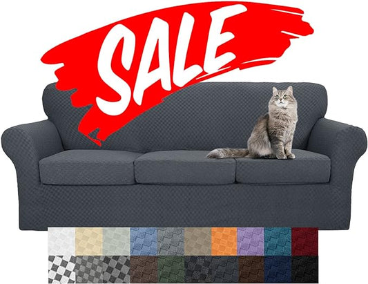 YEMYHOM Latest Checkered 4 Pieces Couch Covers for 3 Cushion Couch High Stretch Thickened Sofa Cover for Dogs Pets Elastic Slipcovers Living Room Furniture Protector (Dark Gray), 71"-91"(3 Cushions) by YEMYHOM