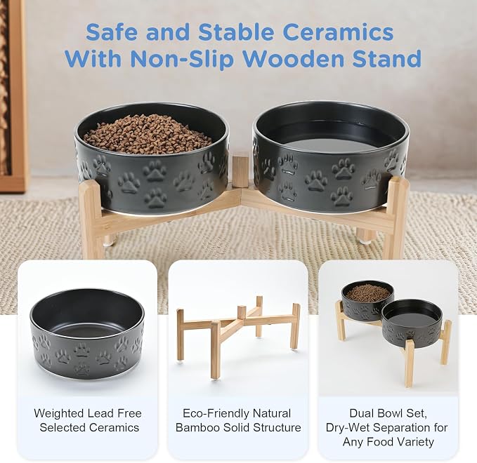 SPUNKYJUNKY Elevated Dog Bowls Ceramic, 7.3'' Dogs Food Water Bowls Raised with Non-Slip Bamboo Stand for Medium to Large Sized Breed Microwave Dishwasher Safe - 42 OZ,Paw Black - Image 6