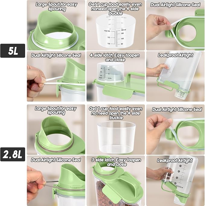 LEAWALK 5-7Lbs Dog Cat Food Storage Container with Upgraded Large Nozzle BPA-free, 4 Snap Seals Plastic Pet Food Storage Containers with Handles (Green x 2, (5L+3L) 2pack) - Image 5
