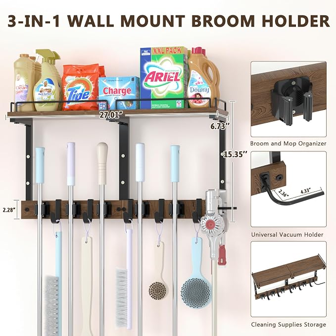 Mop Holder Wall Mount with Cleaning Supplies Organizer, Wood Mop and Broom Hanger Rack Organizer with Anti-Fall Wall Shelf with 5 Clips & Hooks for Garage Laundry Room Kitchen (Dark) - Image 3